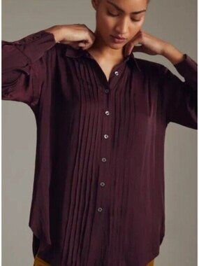 Anthropologie Burgundy Pleated Long Sleeve Button Down - Size Small